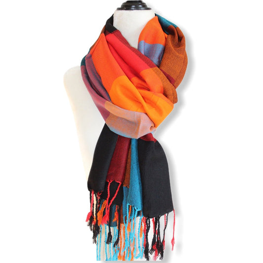 Plaid Handwoven Scarf - Orange, Blue & Black