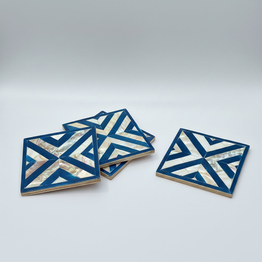 Set of four square wood coasters inlaid with mother of pearl in a geometric pattern, fair trade handmade, arabesque marquetry