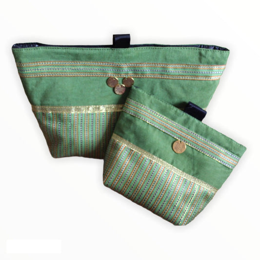 Totta Handcrafted Striped Green Fabric Cosmetic Toiletry Bag