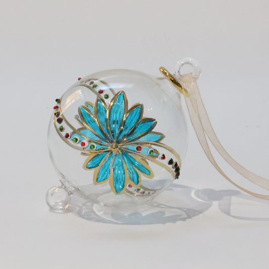 Fair Trade Hand-Blown Glass Ornament - Turquoise Flower with Gold Detail, Ethically Handmade