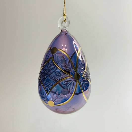 Fair Trade Blown Glass Egg Ornament - Engraved Flowers in Purple, Ethically Handmade