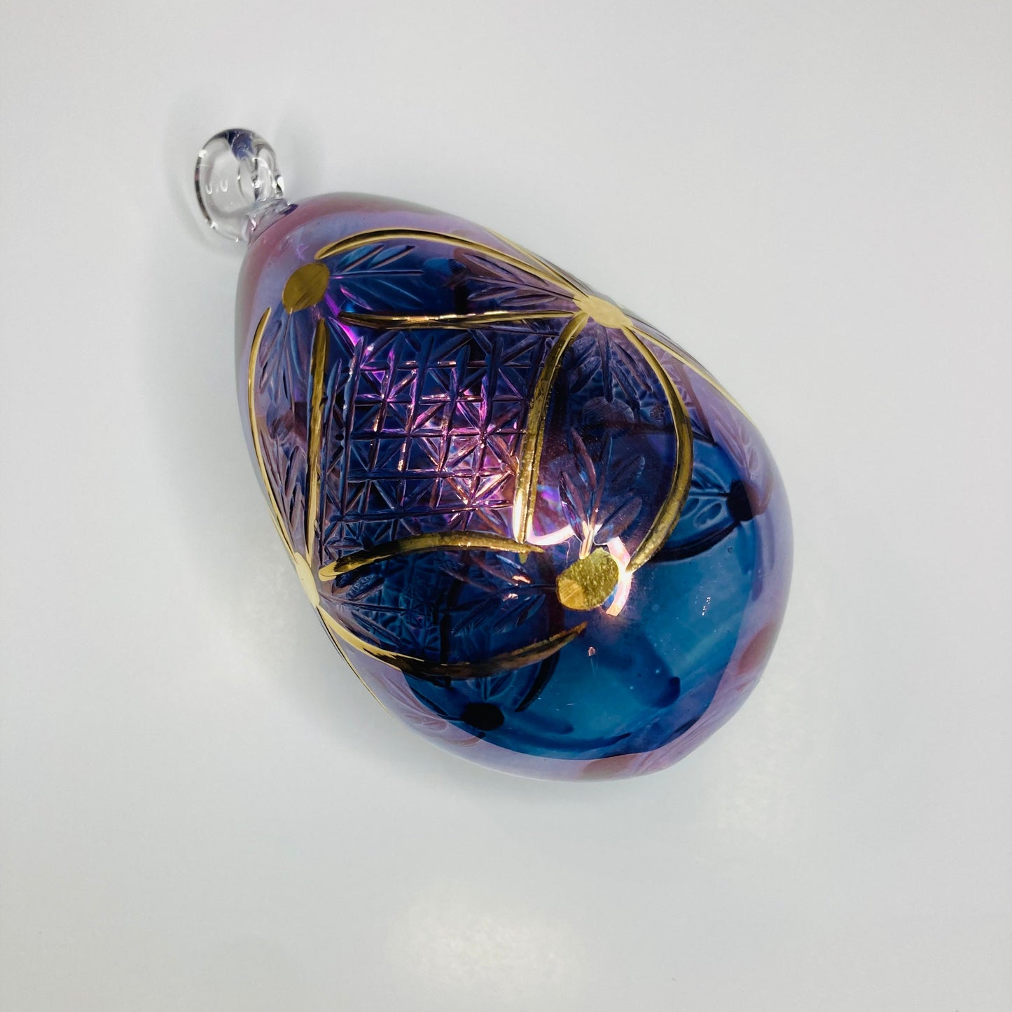 Blown Glass Egg Ornament - Engraved Flowers in Purple