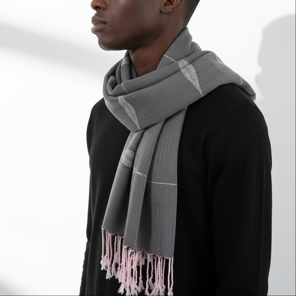 Ethically Handwoven Bamboo Viscose Scarf - Feathers Black & White