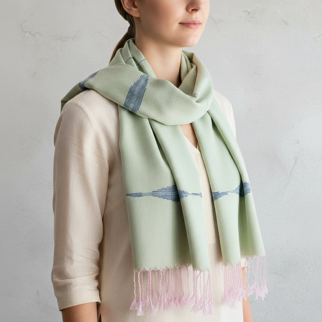 Ethically Handwoven Bamboo Viscose Scarf - Feathers Pistachio & Blue