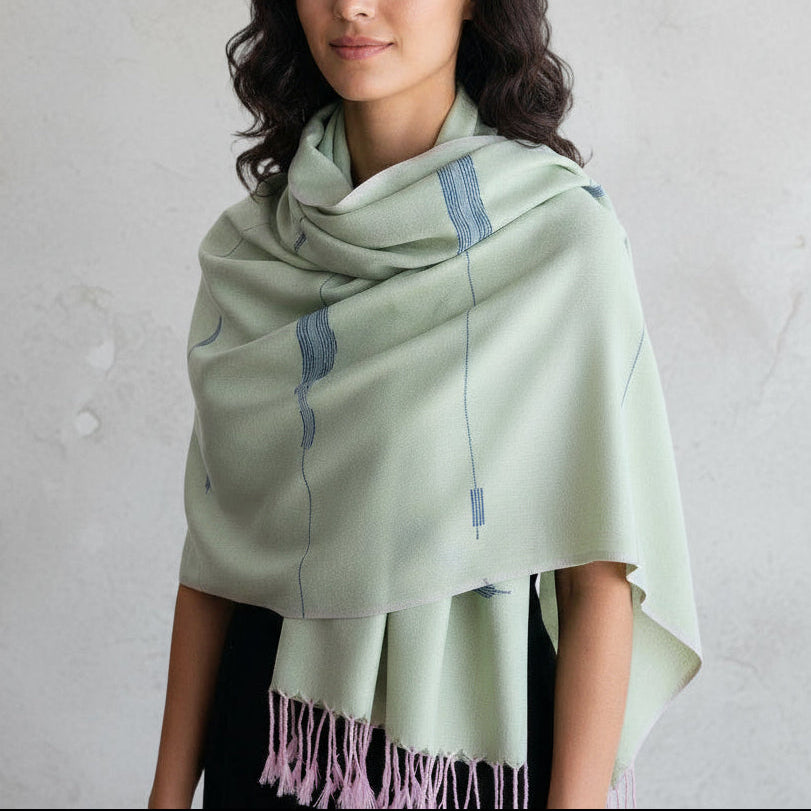 Handwoven Bamboo Viscose Scarf - Feathers Pistachio & Blue