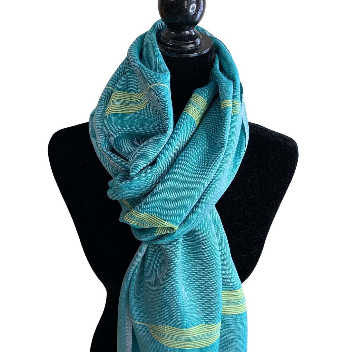 Handwoven Bamboo Viscose Scarf - Feathers Turquoise & Yellow