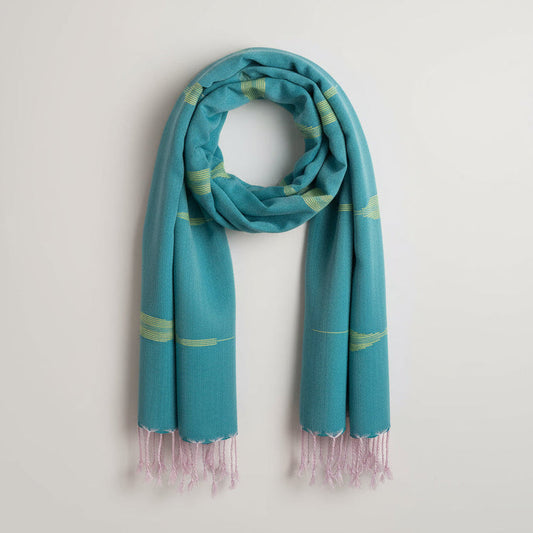 Handwoven Bamboo Viscose Scarf - Feathers Turquoise & Yellow