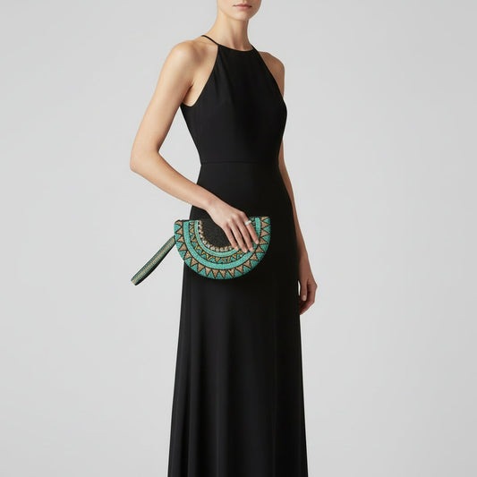 Fair Trade Half moon hand-beaded wristlet clutch with geometric patterns in black & teal, Sustainable Fashion