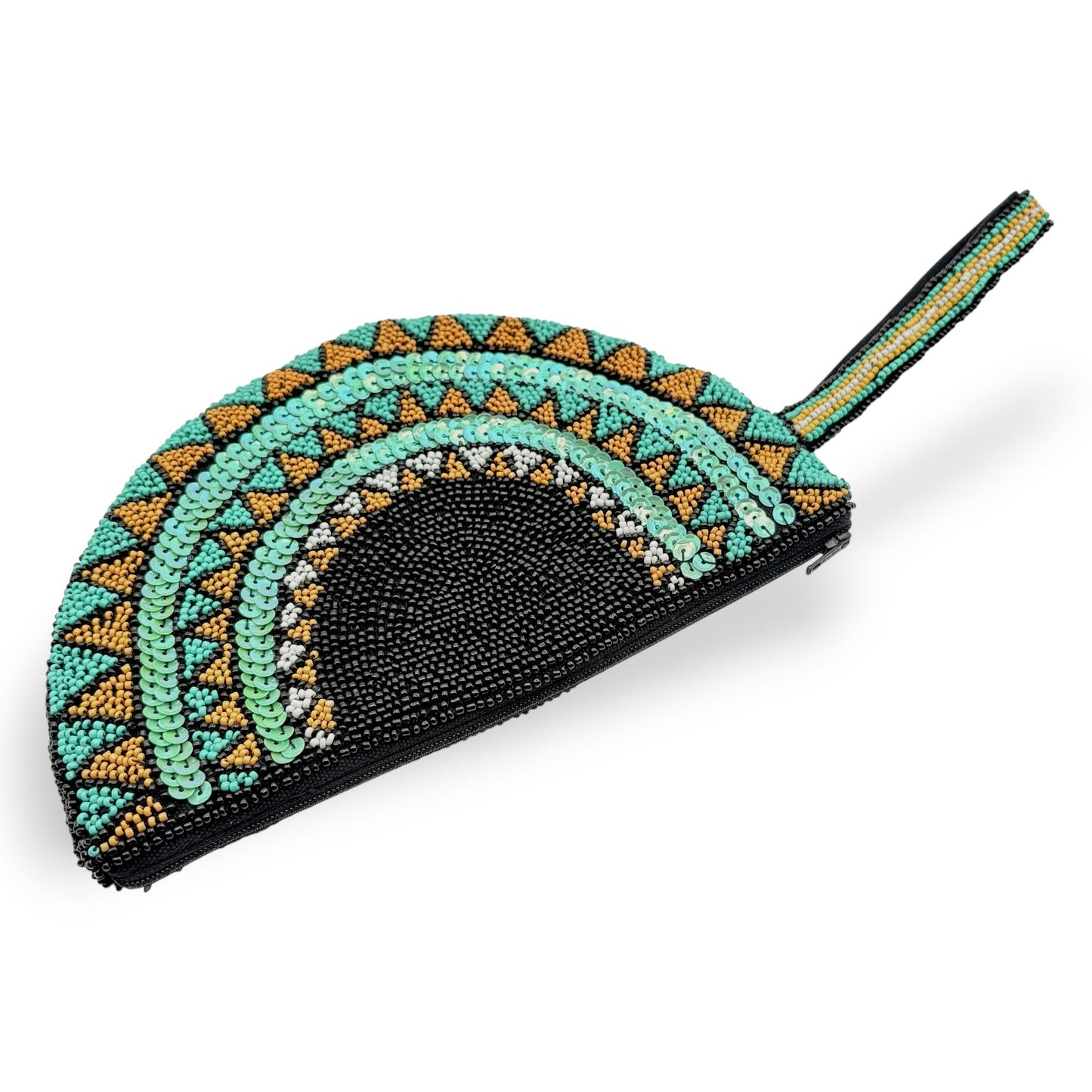 Half moon hand-beaded wristlet clutch with geometric patterns in black & teal