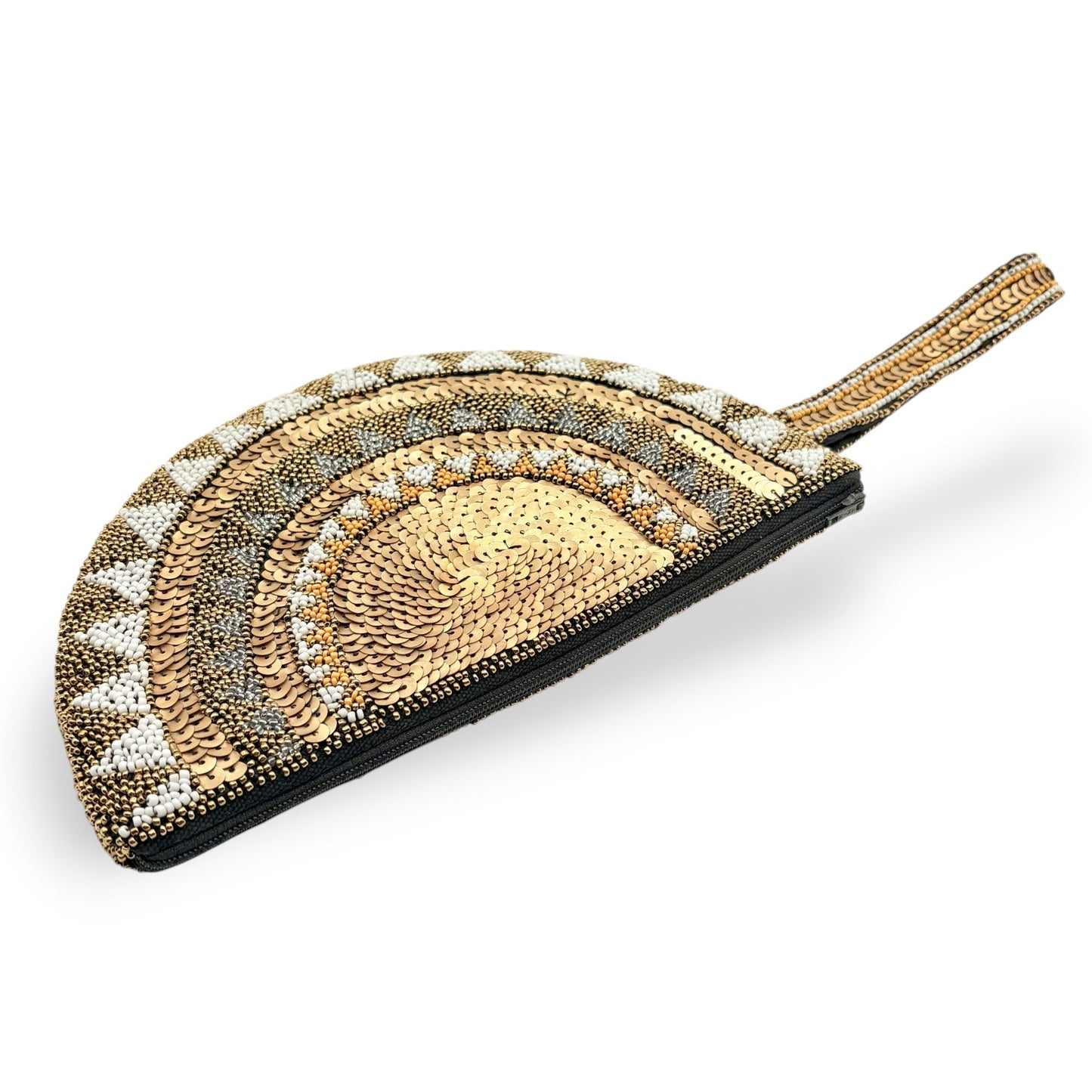 Half moon hand-beaded wristlet clutch in bronze & gold with intricate geometric patterns
