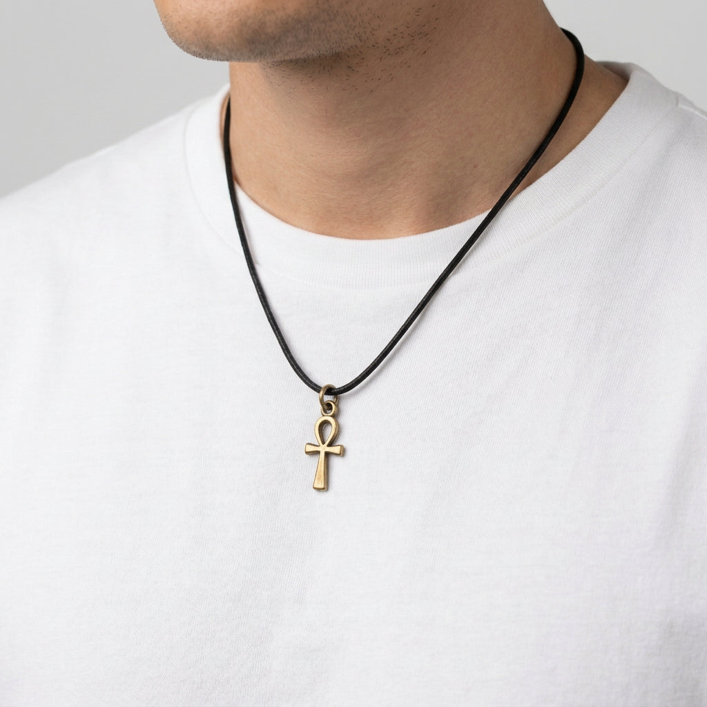 Handmade brass pendant featuring Egyptian Ankh symbol on black cord