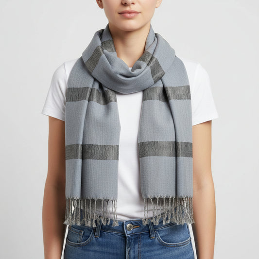 Fair Trade Helyat Handwoven Bamboo Viscose Scarf - Gray, Striped, Sustainable Fashion