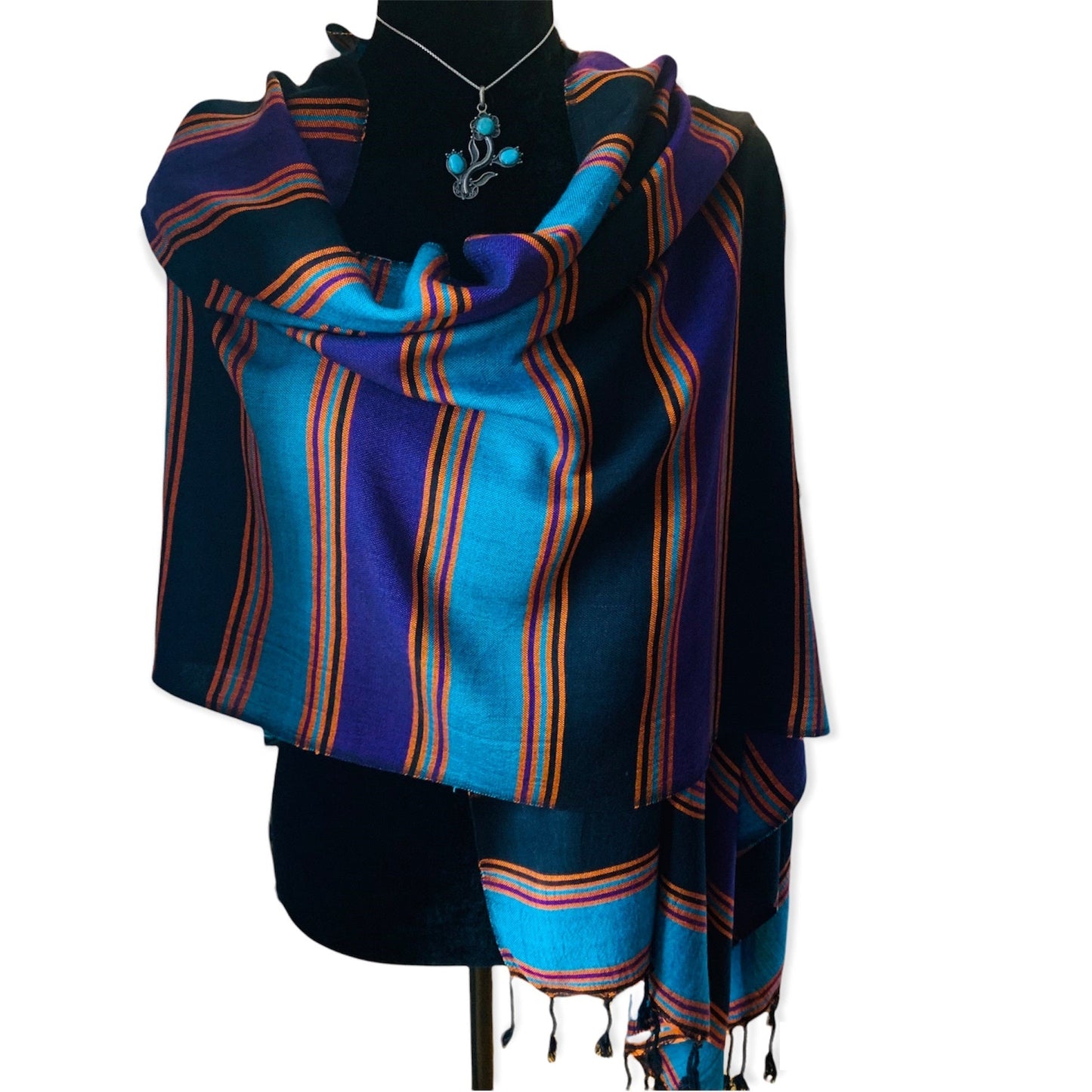 Horizontally Striped Handwoven Scarf - Black, Turquoise & Mauve