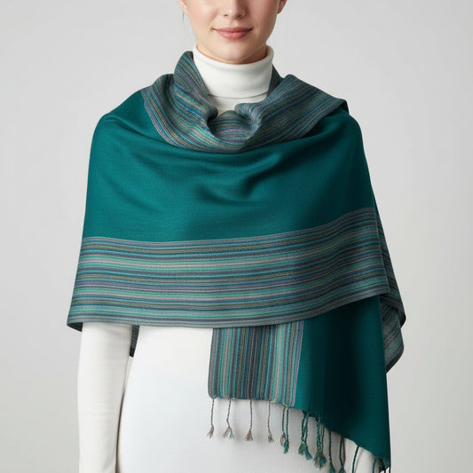 Fair Trade Pencil Striped-frame Handwoven Bamboo Viscose Scarf - Pine Green, Sustainable Ethical Fashion