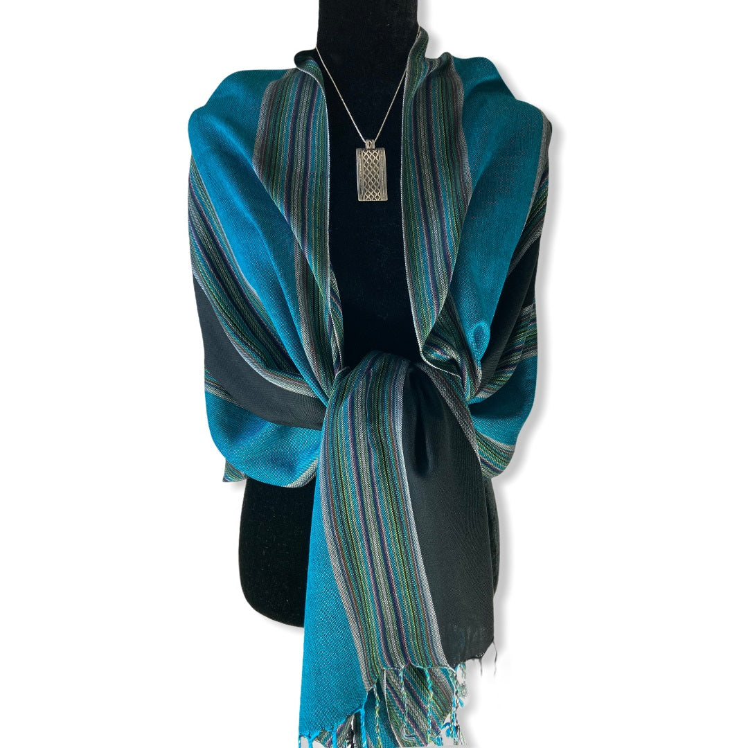 Striped Handwoven Scarf - Turquoise & Black