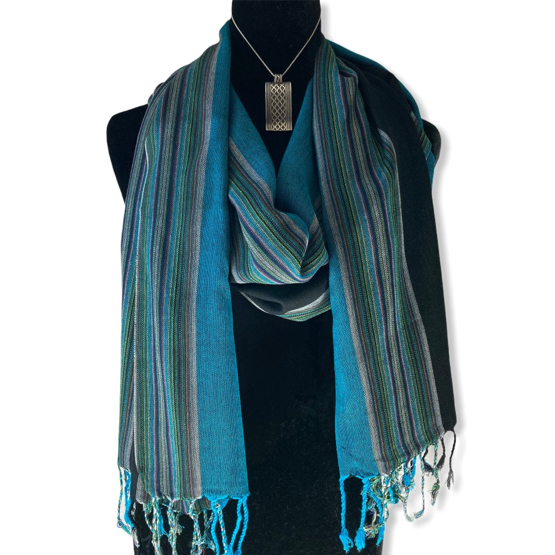 Striped Handwoven Scarf - Turquoise & Black
