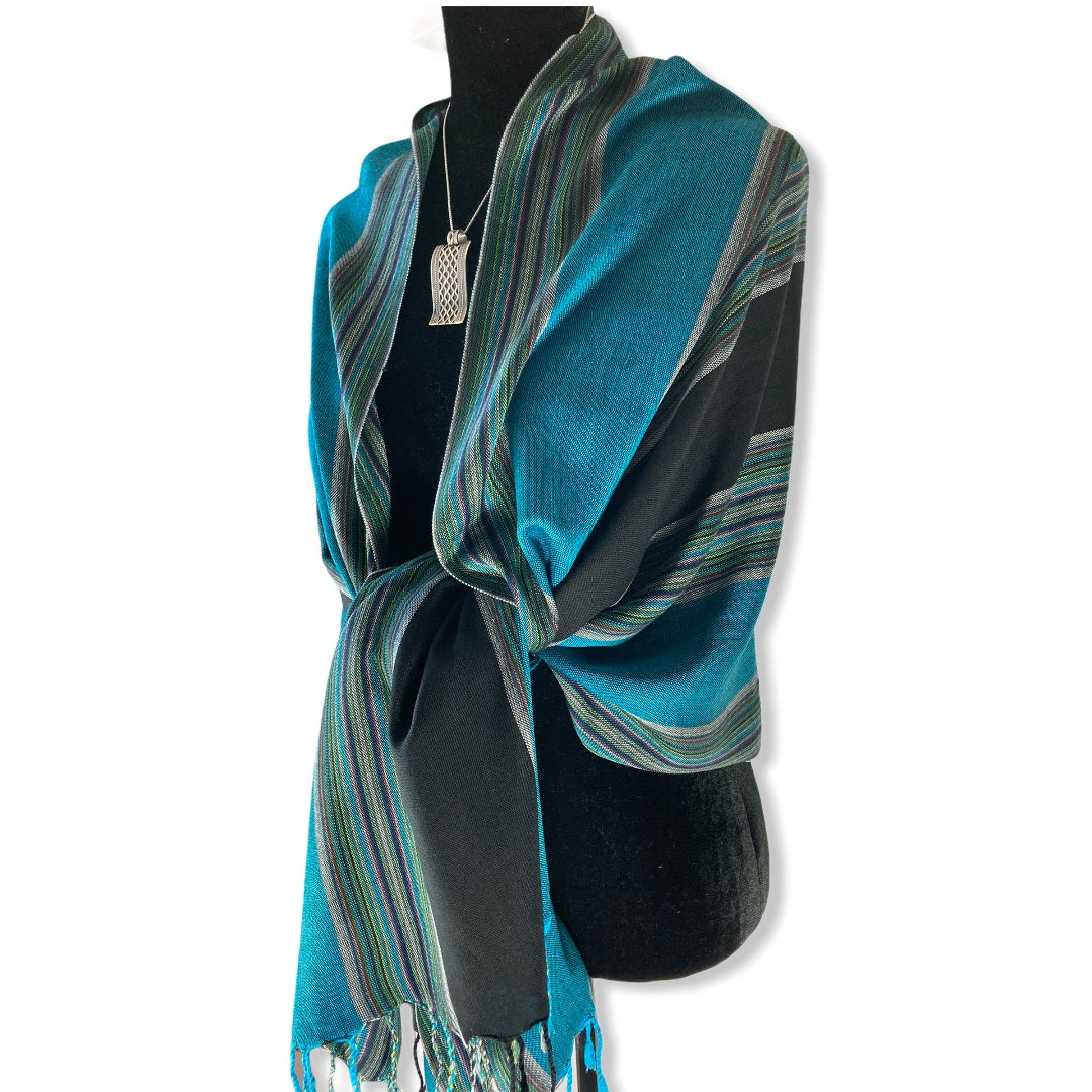 Striped Handwoven Scarf - Turquoise & Black