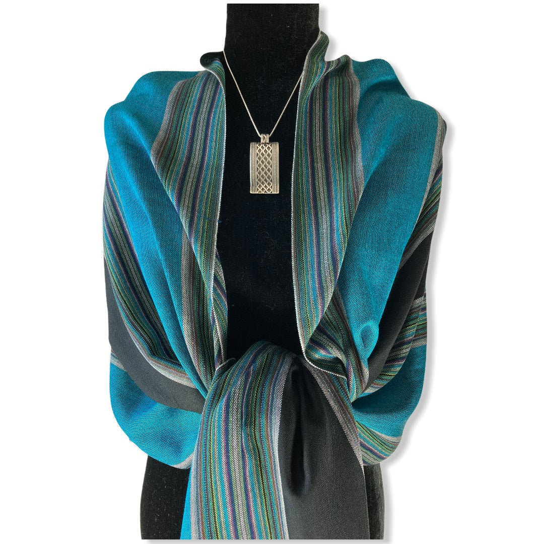 Striped Handwoven Scarf - Turquoise & Black
