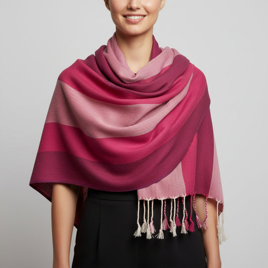 Fair Trade, Wide Striped Handwoven Bamboo Viscose Scarf - Pink & Wine, Sustainable Fashion