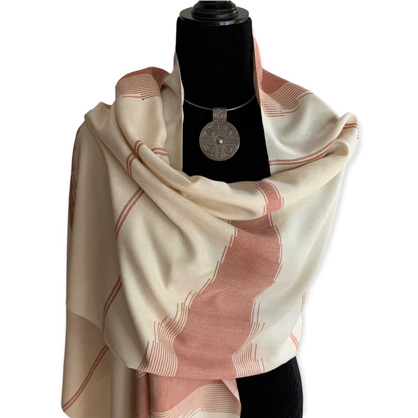 Geometric Handwoven Bamboo Viscose Scarf - Beige & Burgundy