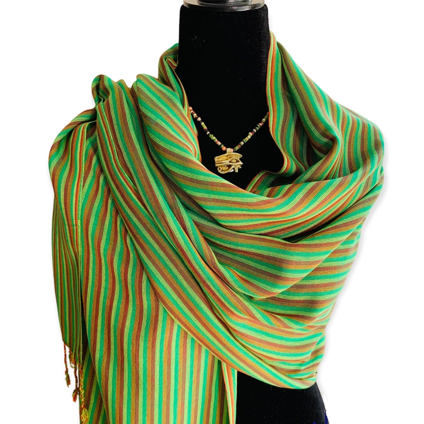 Thin Striped Handwoven Bamboo Viscose Scarf - Green & Salmon
