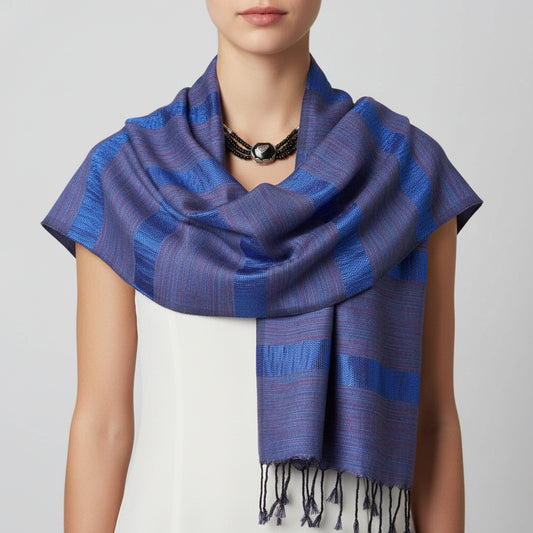 Fair Trade Helyat Handwoven Bamboo Viscose Scarf - Variegated Lapis Lazuli, Ethically Handmade, Sustainable Fashion, Traditional Craft