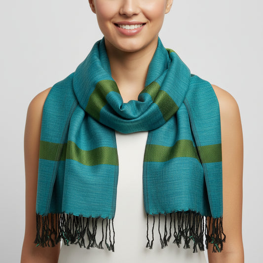 Fair Trade Helyat Handwoven Bamboo Viscose Scarf - Variegated Teal & Olive, Sustaibale Ethical Fashion
