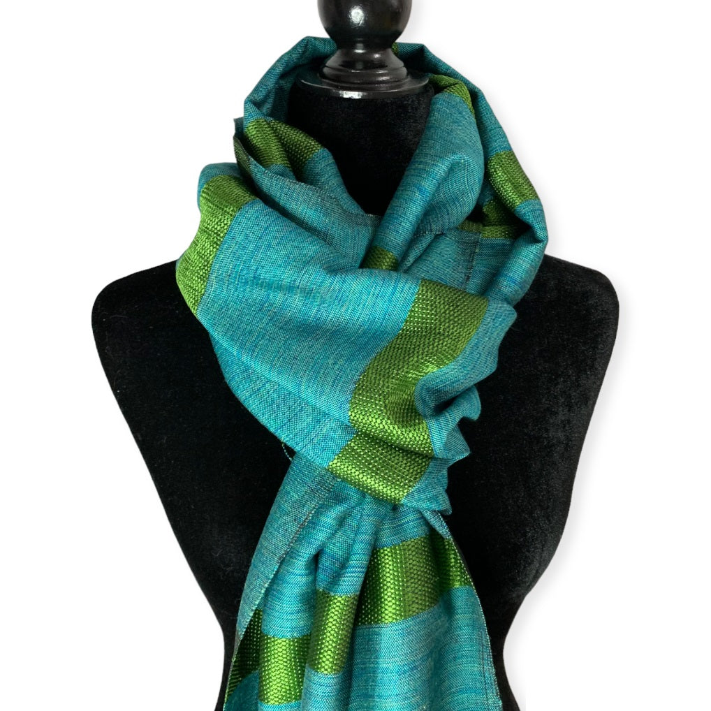 Helyat Handwoven Bamboo Viscose Scarf - Variegated Teal & Olive