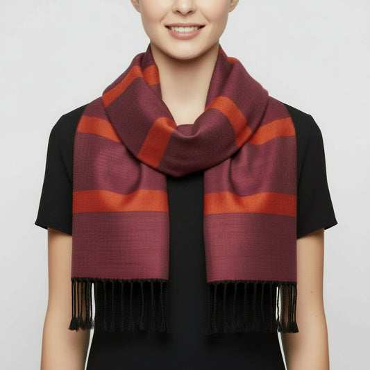 Fair Trade Helyat Handwoven Bamboo Viscose Scarf - Variegated Wine, Sustainable Fashion, Ethically Handmade, Striped