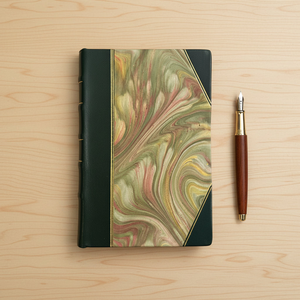 Hand-bound hardcover notebook with olive green leather binding and corners, featuring a marbled Ebru paper and thin gold decorative lines, Fair trade handcrafted