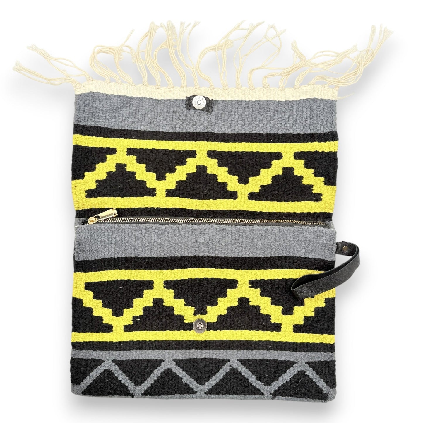 Handwoven kilim clutch bag with geometric pattern and fringes