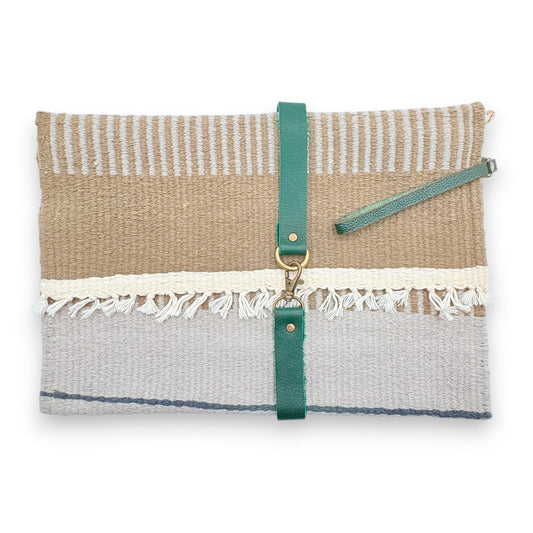 Fair Trade Handwoven kilim clutch bag with green straps, Sutainable Ethical Fashion