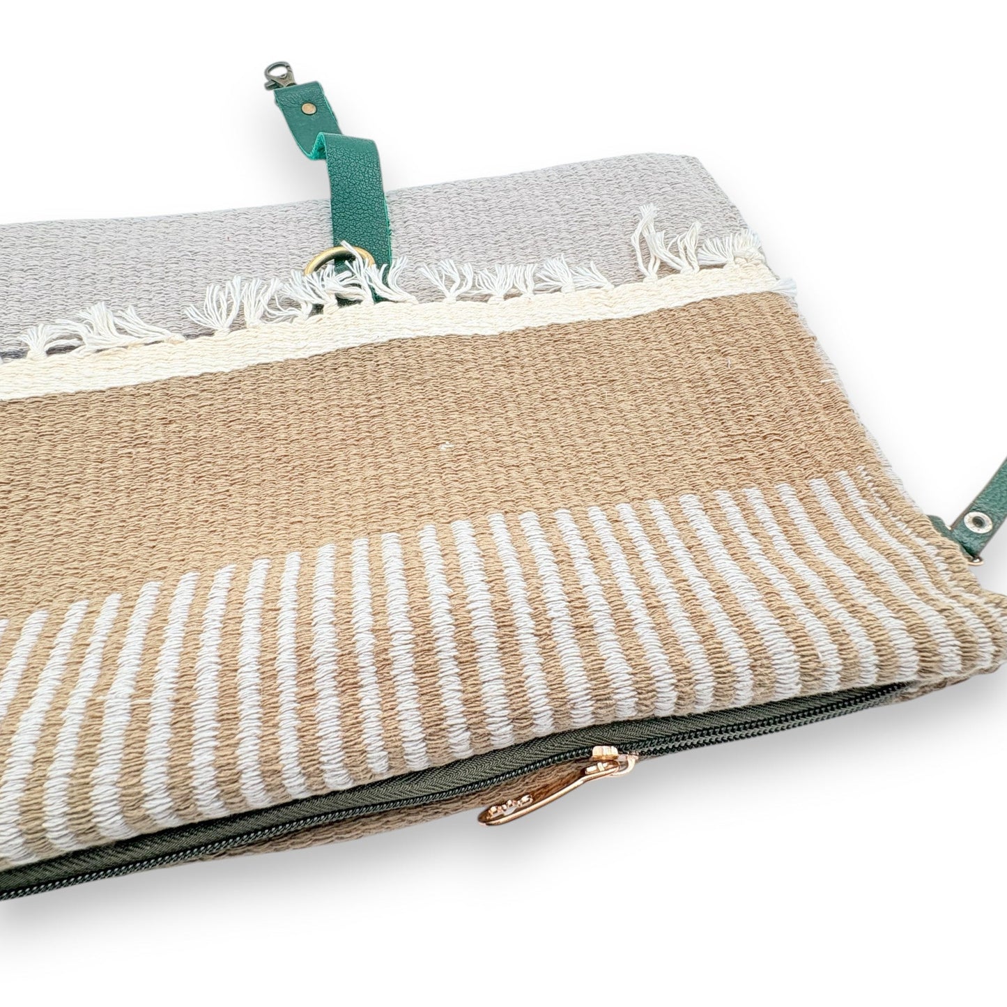 Handwoven kilim clutch bag with green straps