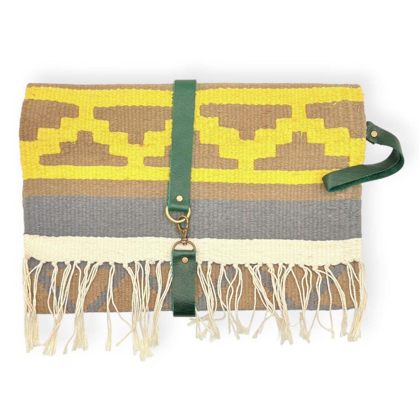 Fair Trade Handwoven kilim clutch bag in yellow, gray and beige with green leather straps, Sutainable Ethical Fashion