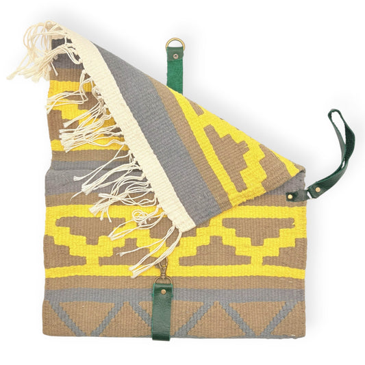 Handwoven kilim clutch bag with geometric yellow, olive and gray pattern