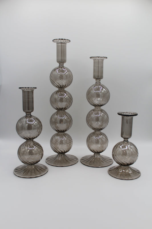 Long Stem Blown Glass Candle Holder With Baubles - Smoky