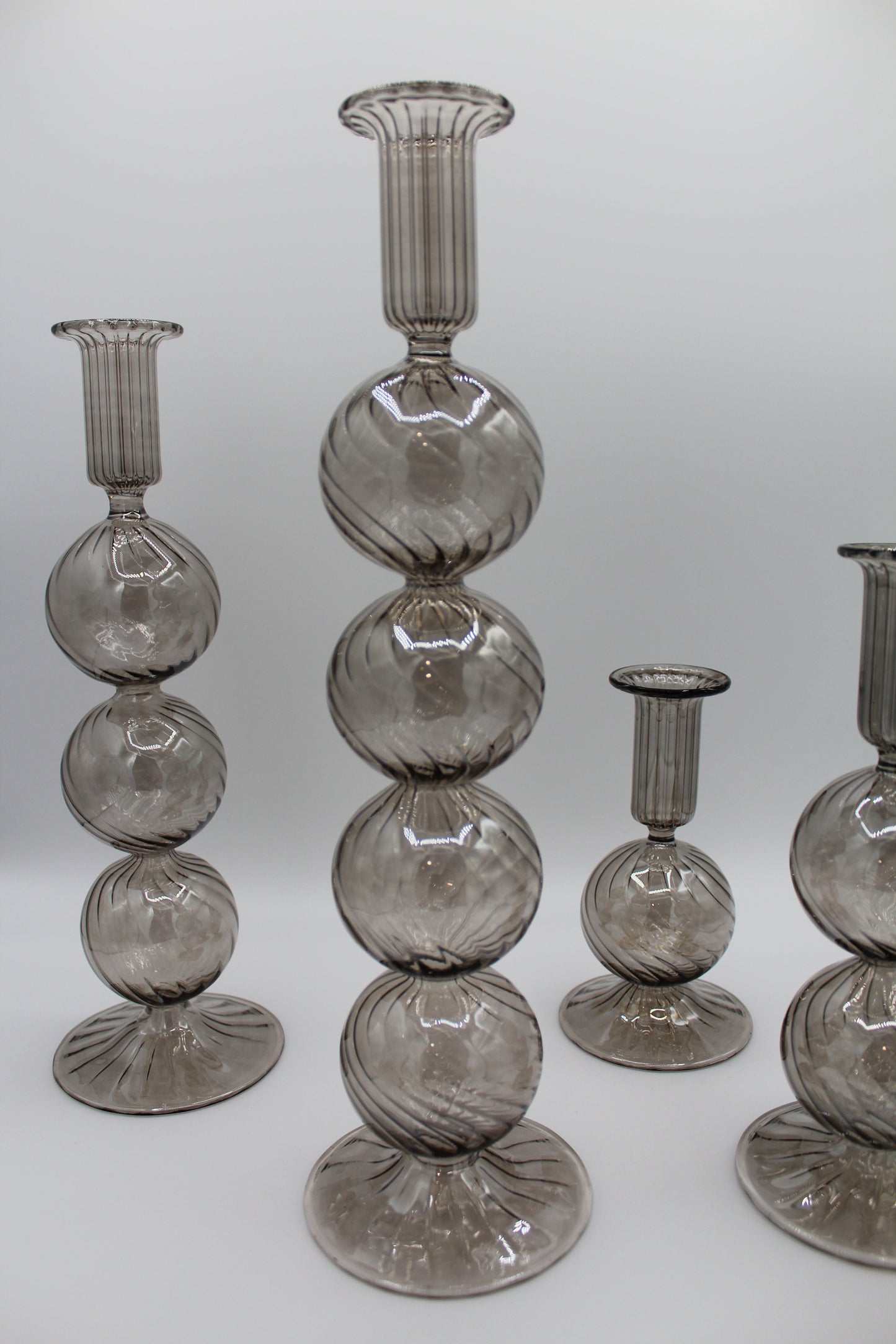 Long Stem Blown Glass Candle Holder With Baubles - Smoky