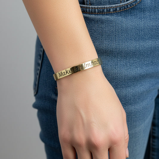 Handmade brass bracelet with 'Make an Impact' engraving, for men & women, artisan-made, ethical fashion