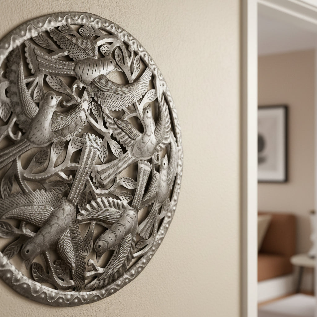 Fair Trade Handmade Upcycled Metal Wall Décor With Flying Birds - Color of Metal, Ethically Handcrafted, Sustainable, Eco-friendly