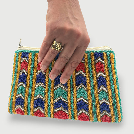 Colorful fair trade hand-beaded clutch with geometric chevron design