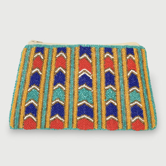 Colorful fair trade hand-beaded clutch with geometric chevron design