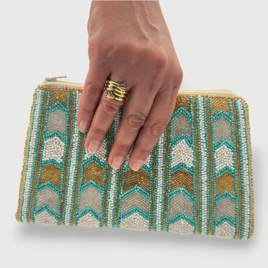 Nefertiti Hand-beaded Clutch with Geometric Chevron Pattern - Turquoise & Gold