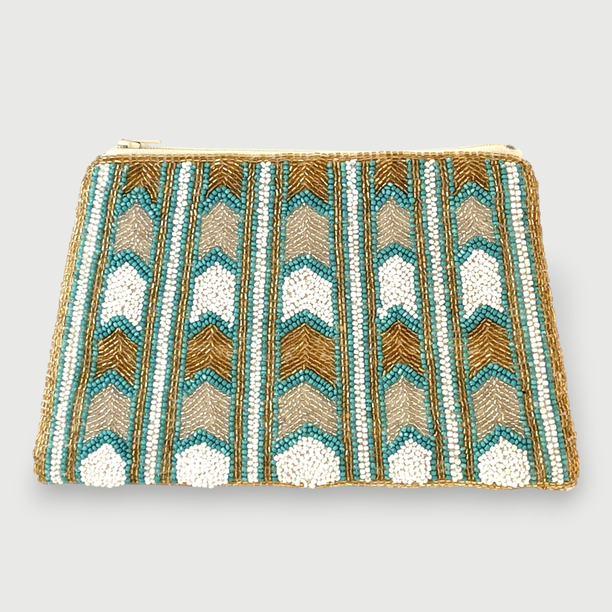 Nefertiti Hand-beaded Clutch with Geometric Chevron Pattern - Turquoise & Gold
