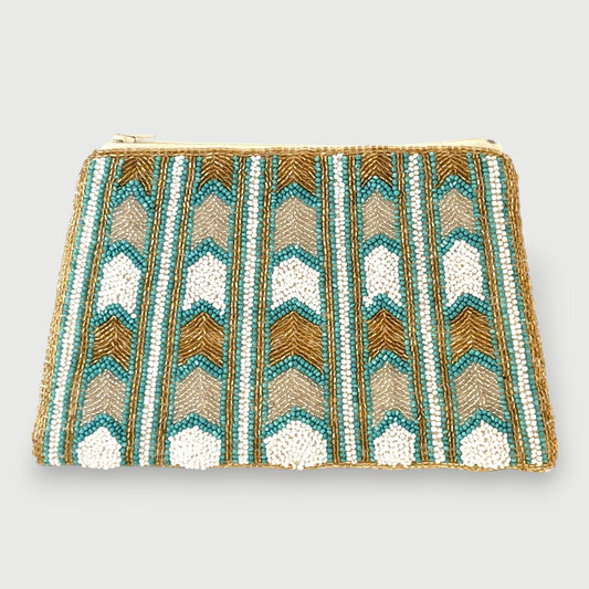 Nefertiti Hand-beaded Clutch with Geometric Chevron Pattern - Turquoise & Gold