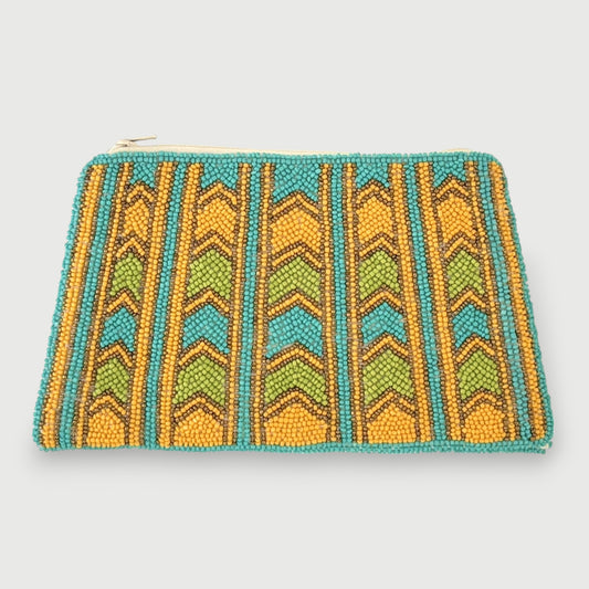 Colorful fair trade hand-beaded clutch with geometric chevron design
