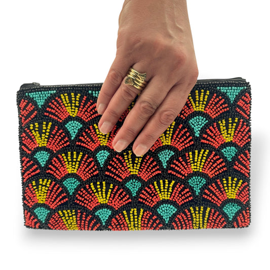 Colorful Hand-beaded Clutch with Papyrus Pattern in Aqua, Orange & Yellow on Black Fabric