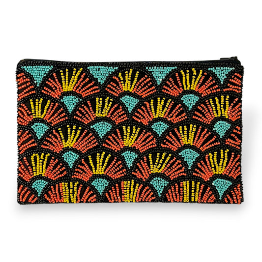 Colorful Hand-beaded Clutch with Papyrus Pattern in Aqua, Orange & Yellow on Black Fabric