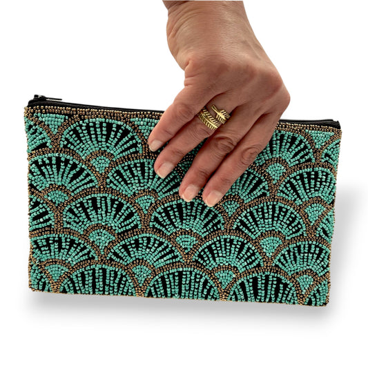 Hand-beaded Clutch with Papyrus Pattern in Turquoise & Antique Bronze on Black Fabric