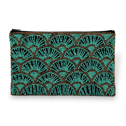Hand-beaded Clutch with Papyrus Pattern in Turquoise & Antique Bronze on Black Fabric