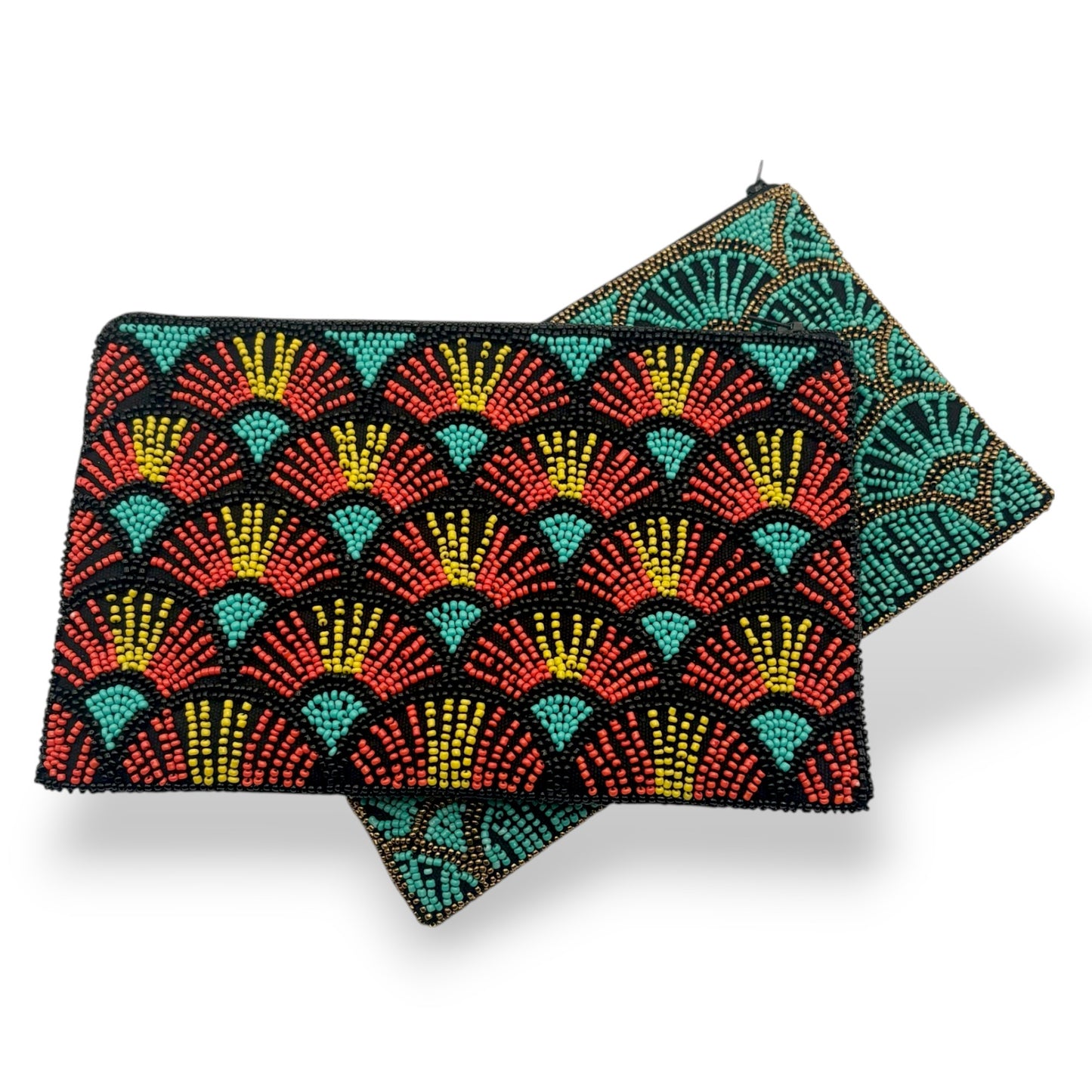 Colorful Hand-beaded Clutch with Papyrus Pattern on Black Fabric